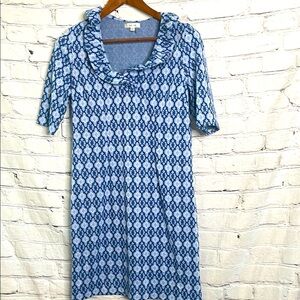 Tyler Boe Short Sleeve Blue Patterned Ruffled Collar Dress Size Small
